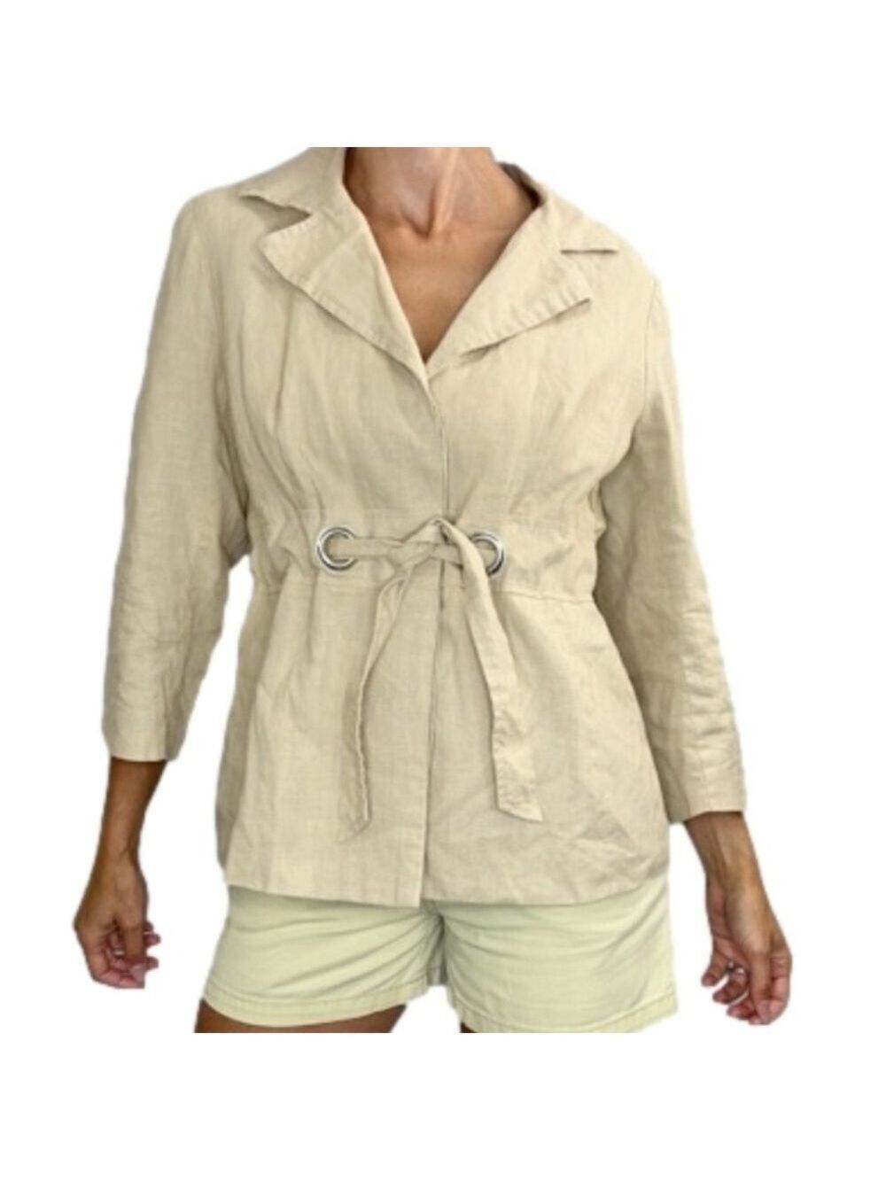 Minimalist pure linen beige drawstring waist old money jacket 8